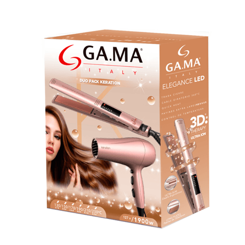 Combo Gama Italy 2-en-1 Keration: Plancha Elegance LED + Secadora Diva 3D